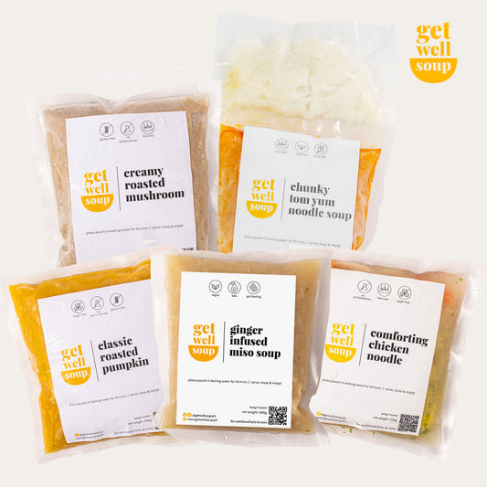 comfort soup bundle | comforting soup | chicken noodle soup | mushroom soup | pumpkin soup | tom yum noodle soup | miso soup 